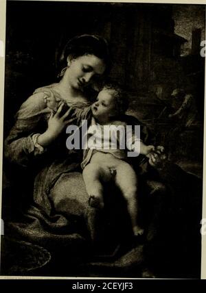 . Antonio Allegri da Correggio, sein Leben, seine Freunde und seine Zeit. MADONNA UND KIND MIT HEILIGEN. Skizze von Correggio.im Wiener Museum. Die Madonna, mit ihrem Kind auf ihrem Schoß sitzend, und Str. Joseph, planing ein Stück Holz, erscheinen in einer schönen Einstellung der Bäume und der antiken Ruinen. Die Jungfrau, deren Arbeitskorb und andere feminine Werkzeuge zu ihren Füßen liegen, versucht, auf die Kleinkinder-Klitschemas zu ziehen. Sie hat einen Arm durch eine Hülse gelegt, aber das Kind streitt heftig unter den mütterlichen Händen, indem es sein Hemd verstellt. Marysmiles leise, als würde sie das Baby mit einem sanften Meinen Sohn ermahnen, Stockfoto