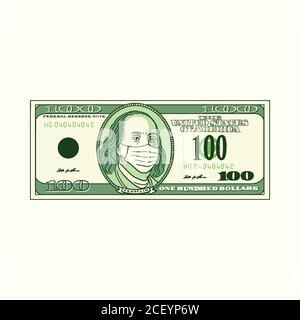 100 Dollar Rechnung mit Gesichtsmaske auf. Eine Cartoon-Vektor-Illustration von hundert Dollar Bankgeld für covid Wirtschaft, Coronavirus Bargeld. Stock Vektor