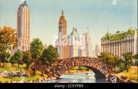 Postkarte mit der 59. Straße in New York City (1930er Jahre) Stockfoto