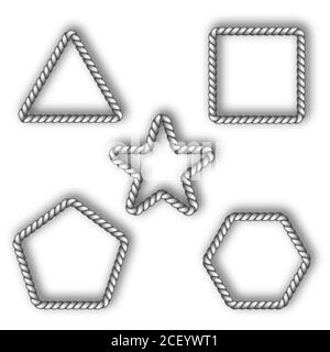 Eine Reihe von geometrischen Figuren aus Seil.Geflochtene Rahmen mit Schatten. Vorlagen für Design. Vektorgrafik. Stock Vektor