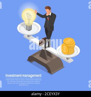 Management von Investments.EIN Geschäftsmann, der zwischen Idee und Finanzen balanciert.Business Concept.3D. Isometrie. Vektorgrafik. Stock Vektor