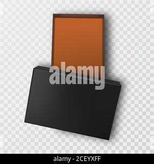 Ein leerer dunkler Geschenkkarton auf einem isolierten transparenten Hintergrund.Behälter mit Deckel öffnen. Ansicht mit top.3D.Pealistic Vektor Illustration. Stock Vektor
