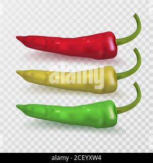 Rote, grüne, gelbe Chilischoten.scharfe Würze für Lebensmittel.3D-Objekte. Vektor realistische Illustration. Stock Vektor