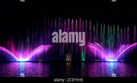 Nacht Laser-Brunnen zeigen, auf dem Ufer des Roshen, der ukrainischen Stadt Winniza.Musikbrunnen mit Laser-Animationen.Musikbrunnen Roshen in Winniza, Ukraine.Abendshow Roshen Brunnen. Stockfoto