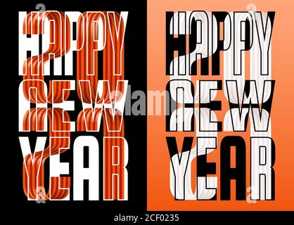 Set 2021 Happy New year orange und weiß Band Schriftart auf schwarzem und gelbem Hintergrund. Frohe Weihnachten und ein glückliches neues Jahr Grußkarte Banner. Stock Vektor