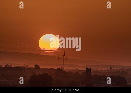 Toller Sonnenuntergang im Sommer. Das wunderschöne goldene Licht flutet in seiner ganzen Art in der Umgebung von Gallur, Spanien. Stockfoto