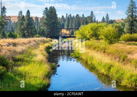 Eine verlassene Brücke überquert einen kleinen Bach in der Nähe der Geisterstadt Elberton im Staat Washington, USA Stockfoto