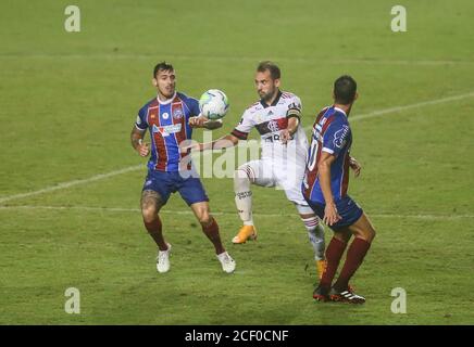 Salvador, Brasilien. September 2020. Zeca, Spieler aus Bahia, Everton Ribeiro, Spieler aus Flamengo, während Bahia und Flamengo, an diesem Mittwoch (02) gehalten, in einem Spiel gültig für die 7. Runde der brasilianischen Meisterschaft 2020, Spiel im Pituaçu Stadion, in Salvador, Bahia, Brasilien. Quelle: Tiago Caldas/FotoArena/Alamy Live News Stockfoto