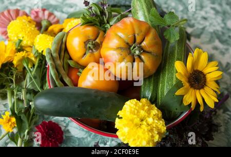 Auswahl an hausgewachsenem Gemüse und Blumen auf Indoor-Tisch. Stockfoto