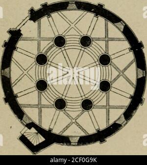 . L'architecture romane. ppe est décoréà lintérieur dune Arcade plein cintre retombant sur descolonnettes correspondent dans langle intérieur auxcolonnes engagees renforçant chacun des angles exté-rieurs; au-dessus de ces arcades, de petites fenêtres lar-gement ébrasées à lextérieur éclairent, inisammentdailleurs de léglise. La porte principale est HISTOIRE et CARACTERES. à Touest, et une petite porte, beaucoup plus richementdécorée, s^ouvre au sud. Le parti architectonique de ce curieux monumentindique très nettement Einfluss byzantine, de mêmeque les détails et surtout la s Stockfoto