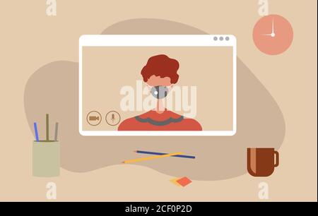 Junge menschliche Charakter mit einem Videoanruf-Schnittstelle, Remote-Online-Meeting, soziale Distanzierung, Arbeit von zu Hause Vektor-Design Stock Vektor