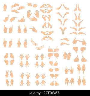 Verschiedene Gesten der menschlichen Hände isoliert auf einem weißen Hintergrund. Flache Illustration von weiblichen Händen in verschiedenen Situationen. Design-Elemente für Stock Vektor