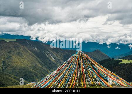 Der Sommerblick auf die grüne Bergwiese in Tibet, China. Stockfoto