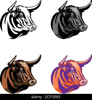 Stier, Porträt, Kopf, Farbe, Vektor, Tier, Illustration, Symbol, isoliert, Kuh, wild, gehörnt, weiß, schwarz, Kunst, Symbol, Zeichen, wütend, Macht, Bauernhof Stock Vektor