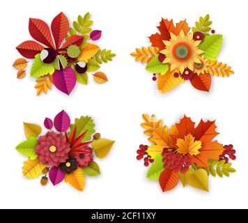 Florale Herbstdekoration mit 3d-Papier geschnitten Blumen und Blätter. Vektor-Set von Herbst Blumen Blumensträuße. Illustration im Papierstil Stock Vektor