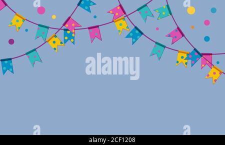 Festival Flag Girlanden mit Konfetti. Bunte Fahnen an Schnur hängen von oben. Oberer Rahmen für Banner. Flache Vektorgrafik Stock Vektor