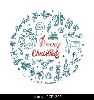 Kreis-Design von Weihnachten Doodle mit allen Ferienobjekten. Handgezeichnete Weihnachtsskizze. Isolierte Vektordarstellung Stock Vektor