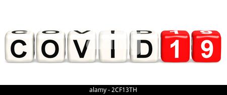 Covid19 Wortkonzept auf Würfelblock isoliert, 3d-Rendering Stockfoto