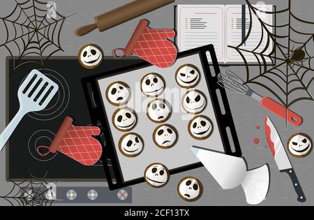 Draufsicht auf den Tisch mit Cookies für Halloween. Vektor-Illustration eines Holztisches mit Lebkuchengespenstern für einen Urlaub. Cartoon Gesichter von Geistern mit verschiedenen Emotionen auf Süßigkeiten für Kinder. Tricks und Vergnügen Stock Vektor