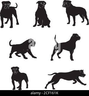 Hund, Bulldog, Silhouette, Pose, Vektor, Symbol, Linie, Grafik, Kopf, dekorativ, Tier, Bild, isoliert, Illustration, Zeichen, Pfoten, Geliebte, Säugetier Stock Vektor