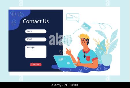 Kontaktieren Sie uns Formular für Website und Landing Page Vorlage mit Kunden Service Agent Charakter. Stock Vektor