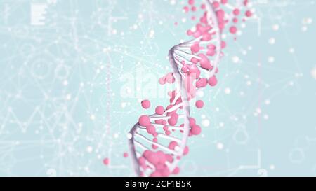 3D-Illustration von DNA-Strang umgeben außerirdischen Zellen in digitalen Chaos, abstrakte Gesundheit Wissenschaft Illustration Stockfoto