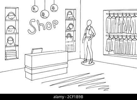 Shop Interior Grafik schwarz weiß Skizze Illustration Vektor Stock Vektor