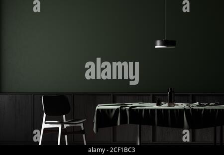Modern eingerichtetes Esszimmer mit Holzstuhl und Tisch. Minimalistisches, dunkles Design im Speisesaal. 3D-Illustration. Stockfoto