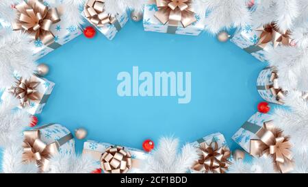 Weihnachtlich dekorierte Komposition auf blauem Hintergrund. Neujahrskarte mit Weihnachtsgeschenkschachteln und Kiefernzweigen. Flach liegend, Draufsicht mit Kopierplatz. 3D-Rendering. Stockfoto