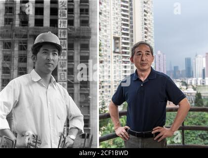 (200903) -- PEKING, 3. September 2020 (Xinhua) -- Combo-Foto zeigt den 28-jährigen Luo Jundong, einer der Designer des Shenzhen International Trade Center Building, der 1984 auf der Baustelle posiert (L, Foto von Liu Yusheng) und Luo, der am 5. Dezember 2018 in seinem Haus posiert (R, Foto aufgenommen von Mao Siqian) in Shenzhen, südchinesische Provinz Guangdong.Luo folgte der Baufirma von der Provinz Hubei nach Shenzhen, um 1982 das Gebäude des International Trade Center zu bauen. Luo und sein Team stellten neue Techniken für die Konstruktion bereit und stellten einen Rekord auf, eine Geschichte in drei Tagen zu errichten. Nach Th Stockfoto