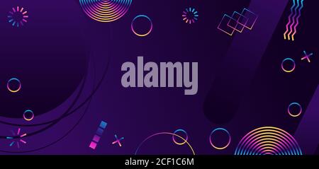 Abstrakter geometrischer ultravioletter Hintergrund. Moderner futuristischer Stil. Banner mit chaotischen geometrischen Formen. Funken und Regenbogenstreifen. Stock Vektor