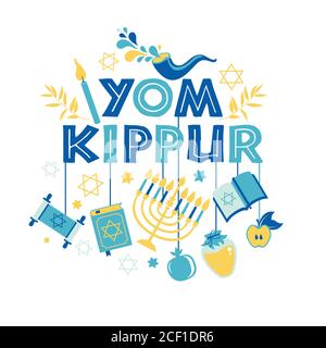 Yom Kippur Grußkarte mit Kerzen, Äpfeln und Schofar und Sybolen. Jüdischer Feiertag Hintergrund. Vektorgrafik auf Weiß. Stock Vektor