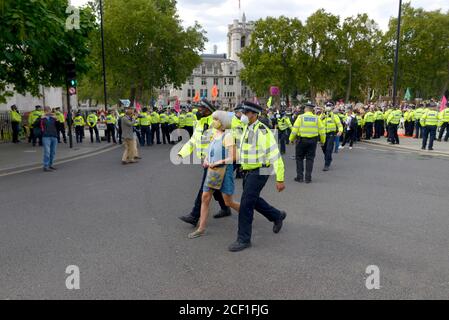 London, Großbritannien. Protestler bei einem Extinction Rebellion Protest in Zentral-London, 1. September 2020 verhaftet Stockfoto