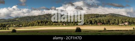 Panorama-Aufnahme eines riesigen trockenen Gebietes mit wenigen Bäumen Tagsüber Stockfoto