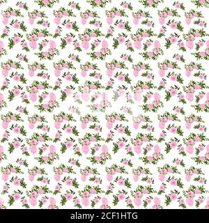 KTSP05 Rosa Blumen mit grünen Blättern auf weißem Hintergrund Nahtloses Musterbild, florale Elemente, Stockfoto