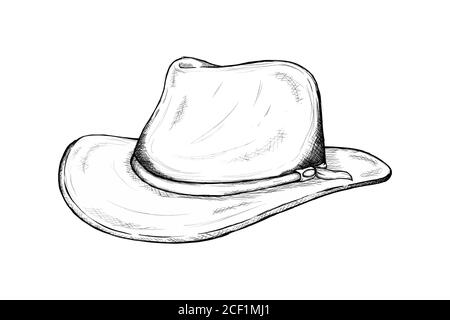 Cowboy Hut Skizze für wild West Symbol Skizze von Hand gezeichnet Abbildung isoliert mit weißem Hintergrund Stock Vektor