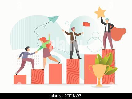 Business-Team männlichen und weiblichen Zeichentrickfiguren klettern bis steigende Balkendiagramm Ziel zu erreichen, flache Vektor-Illustration Stock Vektor