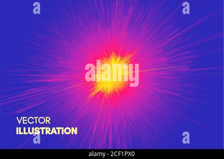 Hintergrund mit Explosion. Starburst dynamische Linien. Solar oder Starlight Emission. 3d-futuristische Technologie Stil. Vector Illustration. Stock Vektor