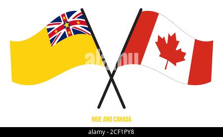 Niue und Kanada Flaggen gekreuzt und winken Flat Style. Offizieller Anteil. Richtige Farben. Stock Vektor