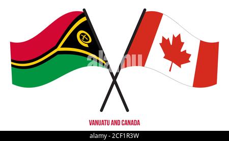 Vanuatu und Kanada Flaggen gekreuzt und winken Flat Style. Offizieller Anteil. Richtige Farben. Stock Vektor