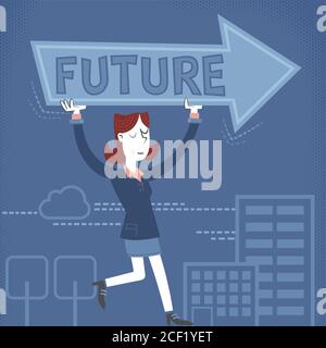 Retro-Stil Illustration einer Geschäftsfrau mit einem Pfeil auf dem Kopf. Innerhalb des Pfeils steht das Wort Zukunft. Stock Vektor