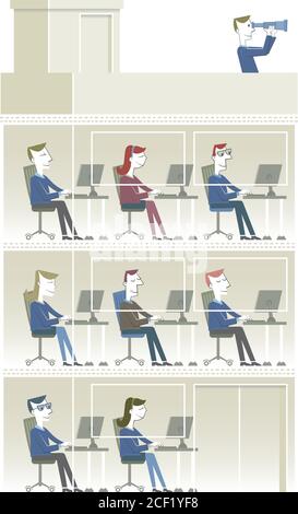 Illustration eines Bürogebäudes im Retro-Stil. Im Inneren gibt es mehrere Menschen, die an ihren Computern arbeiten. Auf dem Dach des Gebäudes sieht ein Mann Stock Vektor