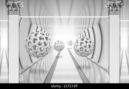 3d Wandbild digitale Illustration silbernen Tunnel mit Kugel und Säulen. Moderne Rendering graue Innentapete Stockfoto