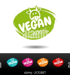 Set aus 100% veganen Abzeichen. Vektorgrafiken von Hand gezeichnet. Stockfoto