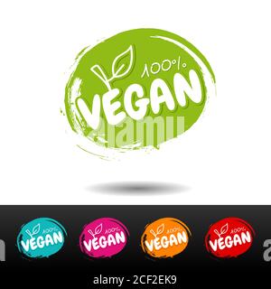 Set aus 100% veganen Abzeichen. Vektorgrafiken von Hand gezeichnet. Eps10-Vektor. Stockfoto