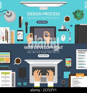 Web und Grafik-Design-Prozess und Web-Entwicklung Konzept Hintergrund Banner in flachen Stil gesetzt. Draufsicht auf einen Desktop. Vektorgrafik Stockfoto