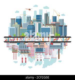 Landschaft einer Großstadt mit Verkehr, unterirdischer Kommunikation und einer Industriezone, die die Stadt mit Energie versorgt und die Umwelt verschmutzt. Stockfoto