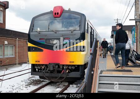 Resort Shirakami Train, Gono Line, North Honshu, Japan 17 Feb 2019 Stockfoto