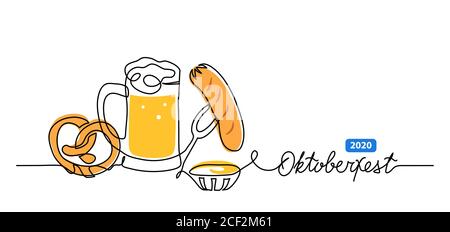 Oktoberfest Vektorbanner, Hintergrund mit Bier, Brezel und Wurst. Ein fortlaufendes Linienzeichungs-Banner mit Schriftzug Oktoberfest Stock Vektor