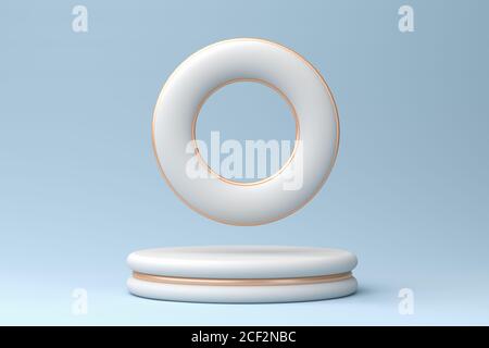 Weißes Podium mit Bronzeeinsätzen und einer Toroid auf pastellblauem Hintergrund, 3d-Rendering Stockfoto